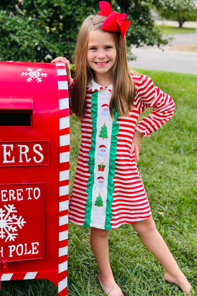 Red & Green Striped Christmas Smocked Dress with Collar