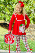 Red Saint Nick Bib Top with Plaid Ruffle Pants Set