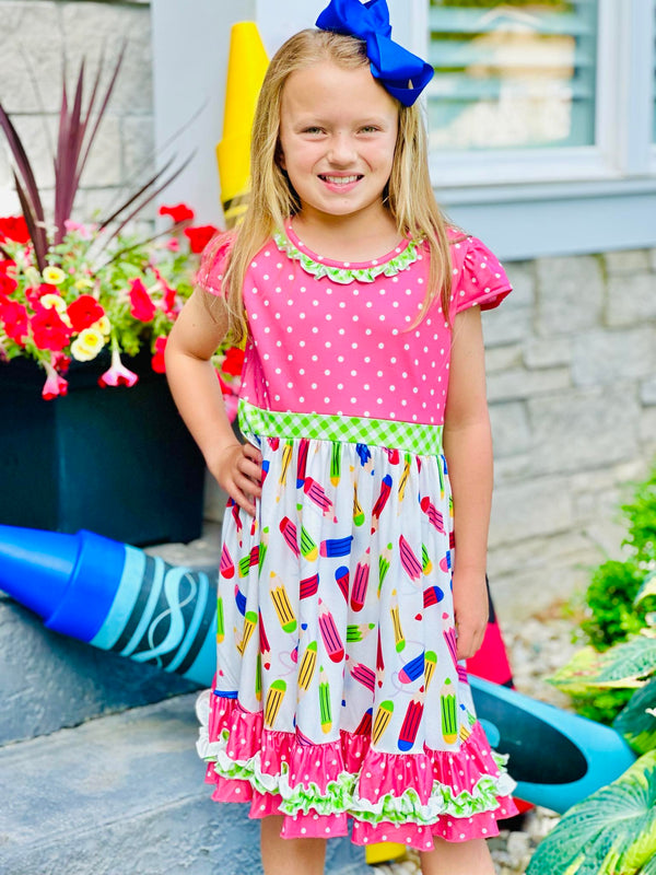 First Day Of School Mix Pattern Ruffle & Frill Dress