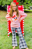 Pink Holiday Snowman Plaid Flare Pants Set