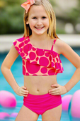 Hot Pink Sunset Polka Dot Ruffle One Shoulder Bikini Swimsuit