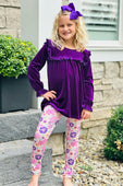 Purple Soft Velvet Top with Blooms Leggings Set