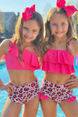 Hot Pink & Blush Pink Leopard Ruffle One Shoulder Bikini Swimsuit