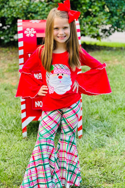 Red Santa Claus Bell Sleeve with Plaid Flare Pants Set