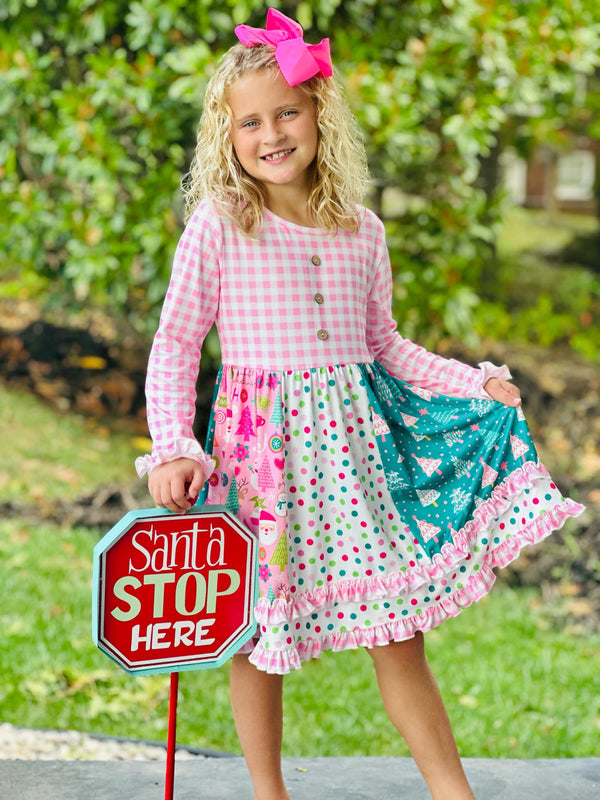 Pink Gingham & Christmas Mix Pattern Ruffle Dress