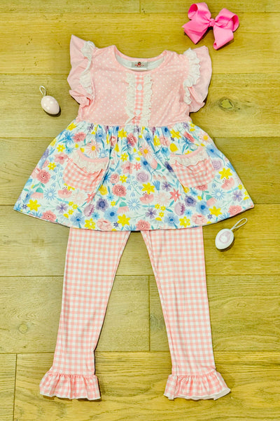 Pink Easter Florals & Plaid Pocket Ruffle Pants Set