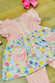 Pink Easter Florals & Plaid Pocket Ruffle Pants Set