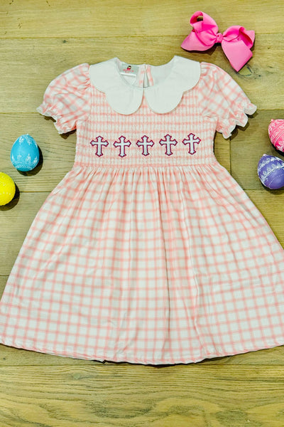 Pink Plaid Easter Cross Embroidered Dress