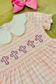 Pink Plaid Easter Cross Embroidered Dress