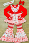 Red Rainbows & Hearts Mix Pattern Ruffle Pants Set