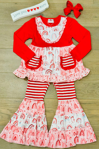 Red Rainbows & Hearts Mix Pattern Ruffle Pants Set