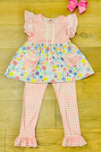 Pink Easter Florals & Plaid Pocket Ruffle Pants Set