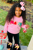 Pink Merry Puff Top with Candy Cane Flare Pants Set