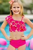 Hot Pink Sunset Polka Dot Ruffle One Shoulder Bikini Swimsuit