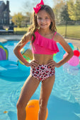 Hot Pink & Blush Pink Leopard Ruffle One Shoulder Bikini Swimsuit