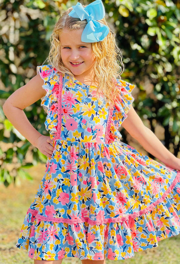 Pink Yellow & Blue Floral Ruffle Twirl Dress