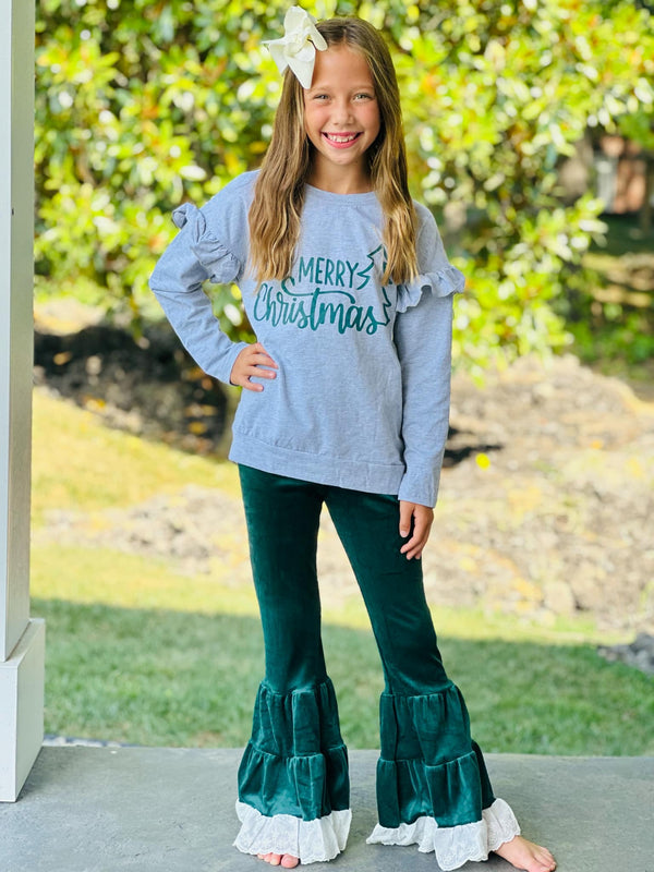 Grey & Green Merry Christmas Flare Pants Set