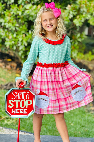 Pink Plaid & Green Santa Claus Frill Dress