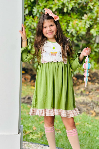 Green Christmas Nativity Ruffle Dress