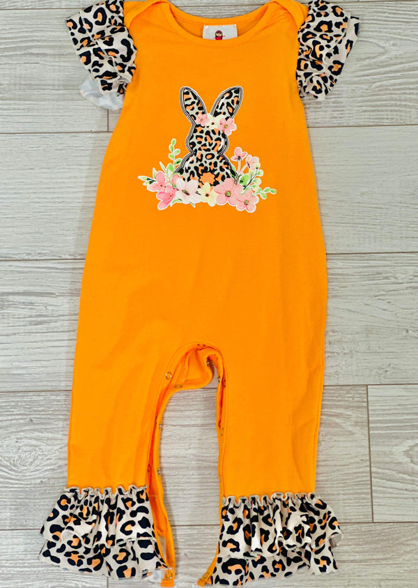 Orange & Leopard Easter Bunny Ruffled Infant Romper