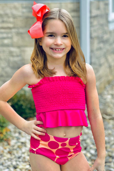Hot Pink Sunset Polka Dot Cinched Top Tankini Swimsuit