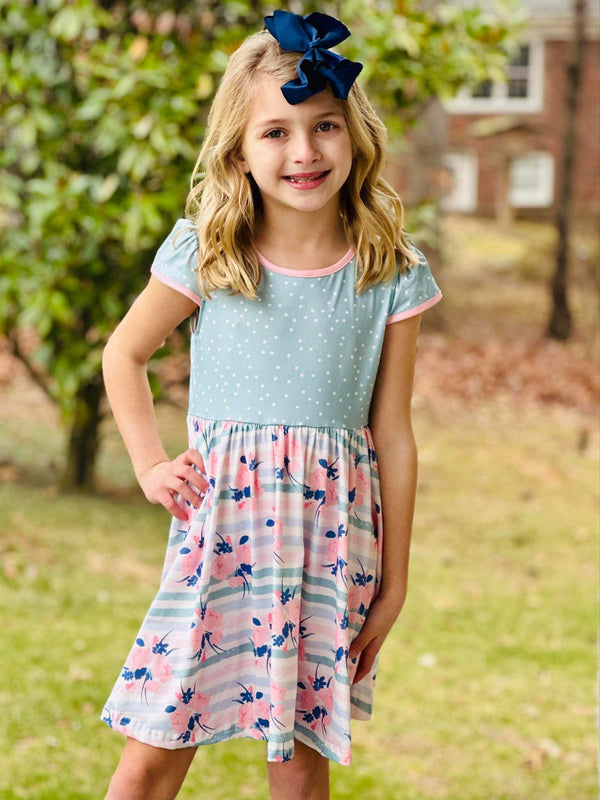 Polka Dot & Pink Floral Striped Twirl Dress