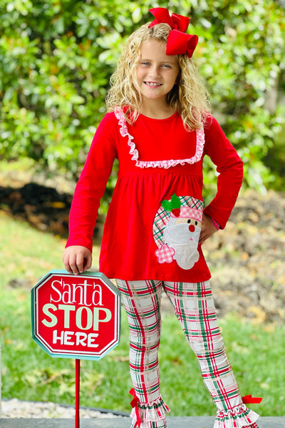 Red Saint Nick Bib Top with Plaid Ruffle Pants Set