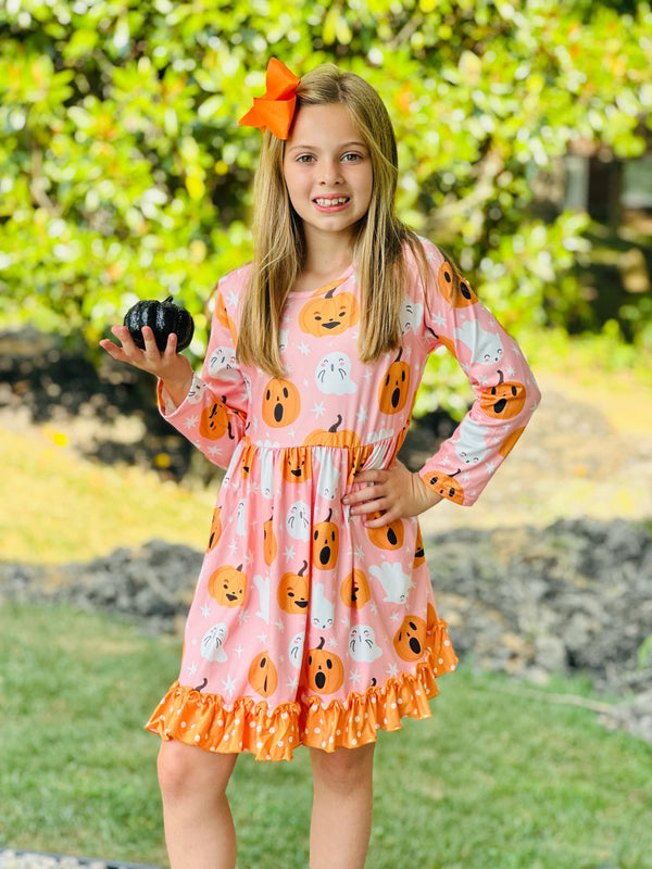 Pink Ghosts & Halloween Pumpkin Ruffle Dress