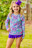 Grape Vacay Florals Skirted Long Sleeve Rashguard 2PC Swimsuit