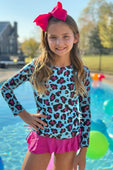 Blue Razz Leopard Long Sleeve Rashguard 2PC Swimsuit