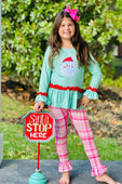 Pink Plaid & Green Santa Claus Frill Ruffle Pants Set