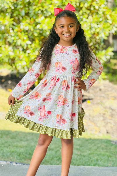 Floral Pumpkin Patch & Green Polka Dot Twirl Dress