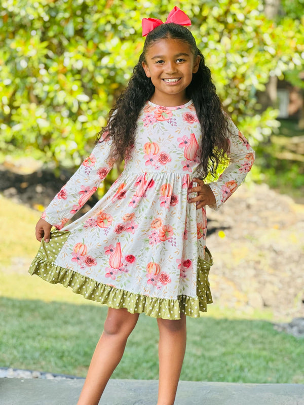 Floral Pumpkin Patch & Green Polka Dot Twirl Dress