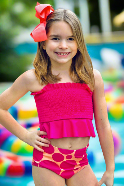 Hot Pink Sunset Polka Dot Cinched Top Tankini Swimsuit