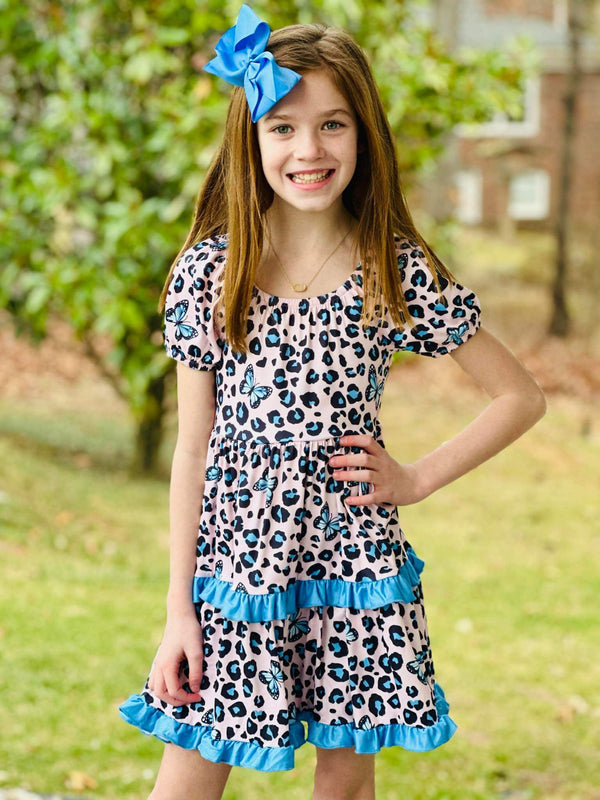 Blue Leopard Ruffle Twirl Dress