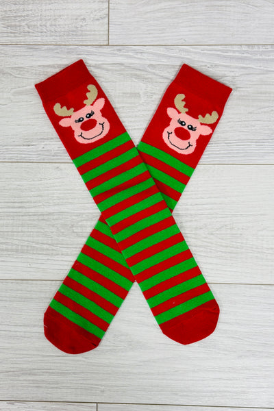 Red & Green Striped Rudolph Socks