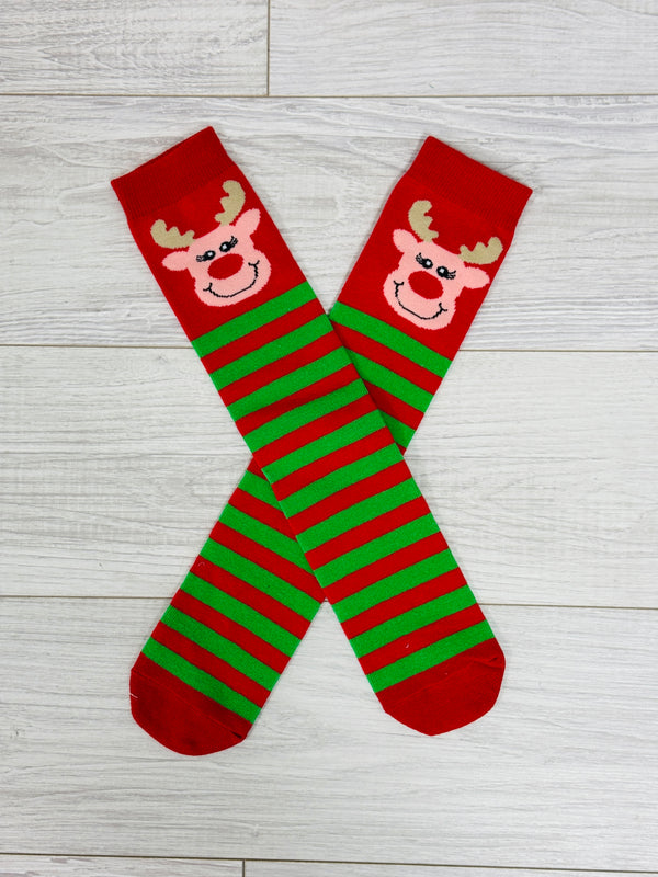 Red & Green Striped Rudolph Socks