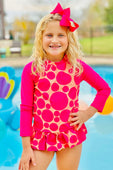 Hot Pink Sunset Polka Dot Long Sleeve Rashguard 2PC Swimsuit