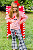 Pink Holiday Snowman Plaid Flare Pants Set