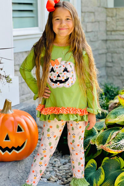 Green & Orange Floral Halloween Pumpkin Ruffle Pants Set