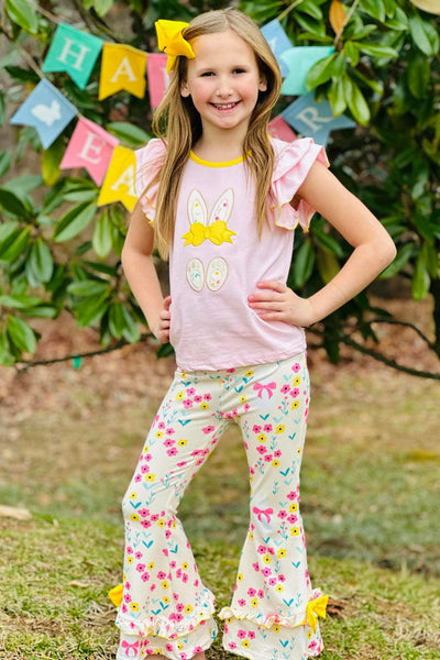 Pink & Sunny Floral Bunny Ruffle Pants Set