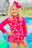 Hot Pink Sunset Polka Dot Long Sleeve Rashguard 2PC Swimsuit