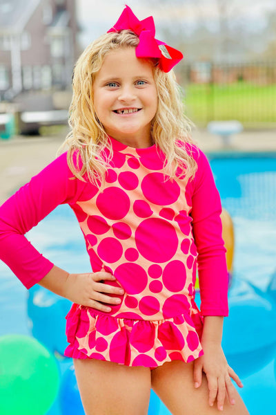 Hot Pink Sunset Polka Dot Long Sleeve Rashguard 2PC Swimsuit