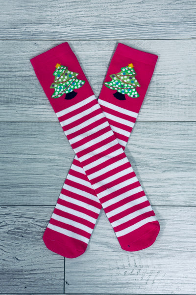 Hot Pink Striped Christmas Tree Socks