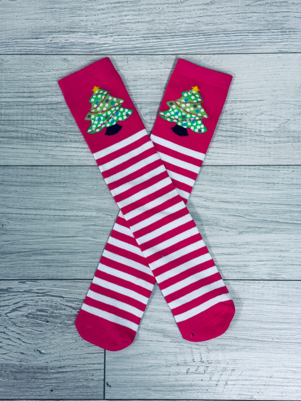 Hot Pink Striped Christmas Tree Socks