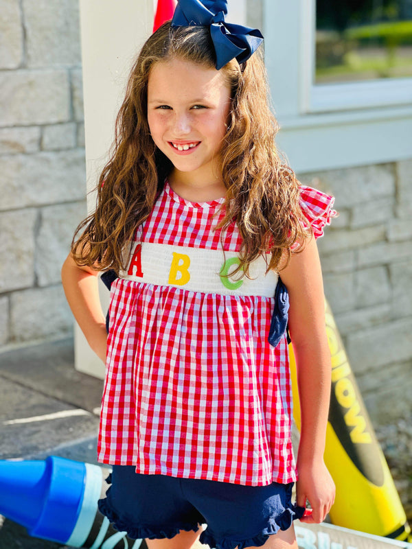 ABC Red & Navy Smocked Ruffle Shorts Set