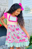 Pink Yellow & Green Floral Ruffle Dress